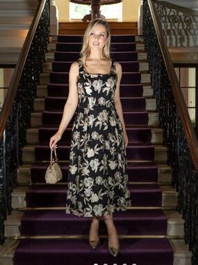 julia jordan Black Midi Dress with Gold Floral Embroidery